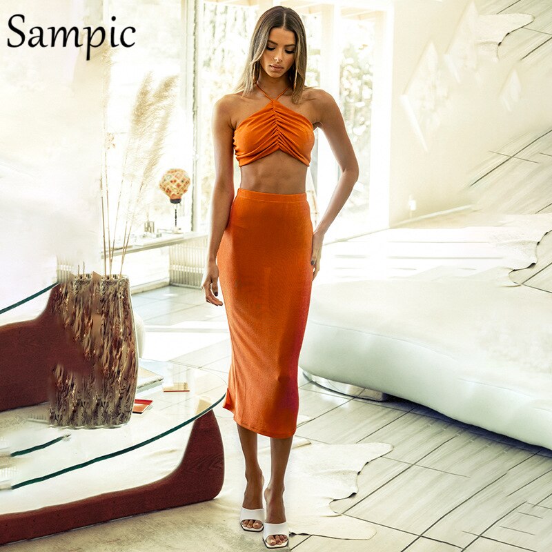 Sampic Sexy Women Casual Summer Beach Split Midi Skirt Set Halter Tops And Bodycon Club Skirt Suit Two Piece Set Outfits